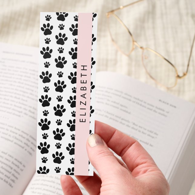 Paw Pattern, Dog Paws, Black and White, Your Name Bookmarks (Hand)