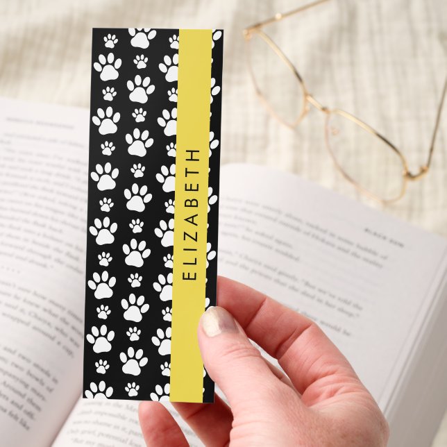 Paw Pattern, Dog Paws, Black and White, Your Name Bookmarks (Hand)