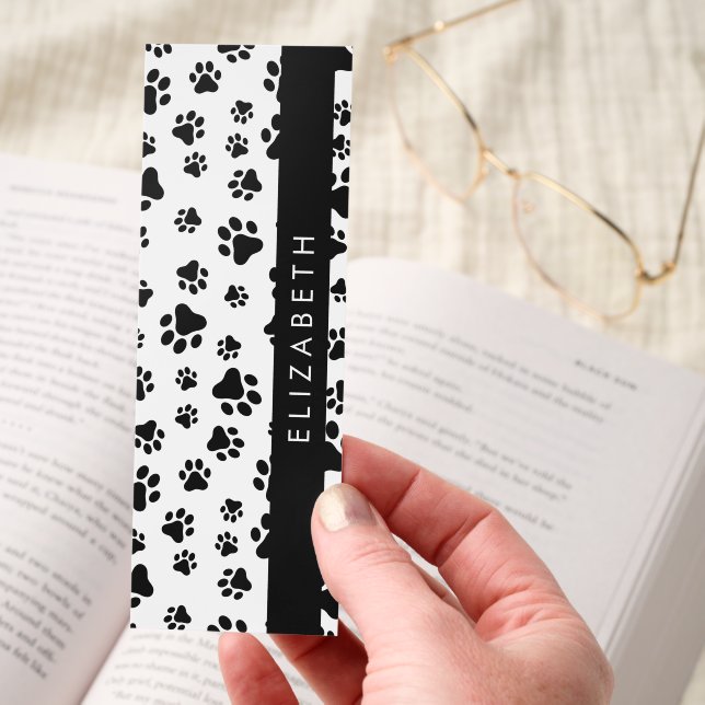Paw Pattern, Dog Paws, Black and White, Your Name Bookmarks (Hand)