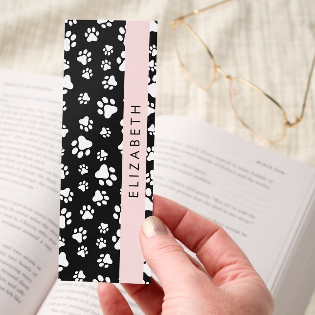 Paw Pattern, Dog Paws, Black and White, Your Name Bookmarks (Hand)