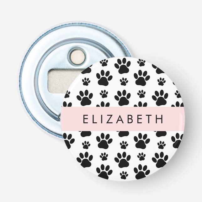 Paw Pattern, Dog Paws, Black and White, Your Name Bottle Opener (Front)