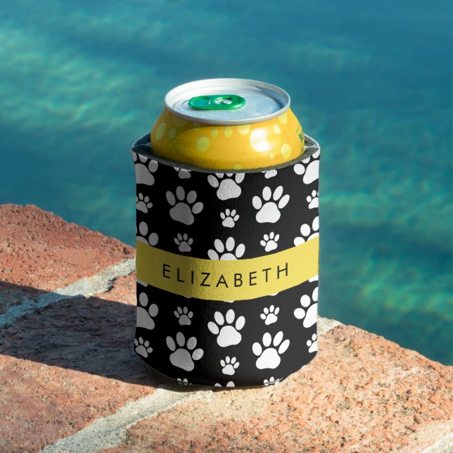 Paw Pattern, Dog Paws, Black and White, Your Name Can Cooler (In Situ Pool)