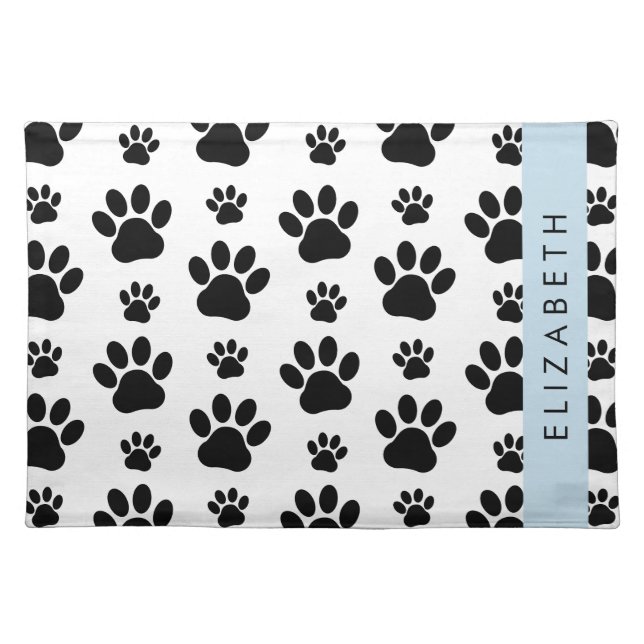 Paw Pattern, Dog Paws, Black and White, Your Name Cloth Placemat (Front)