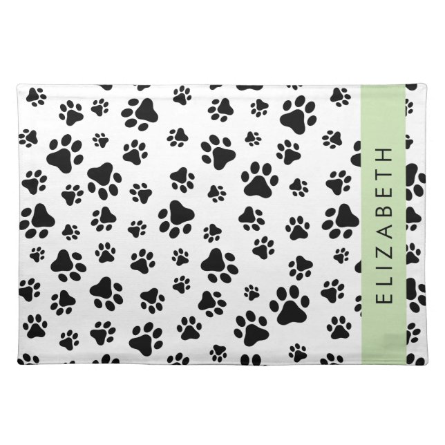 Paw Pattern, Dog Paws, Black and White, Your Name Cloth Placemat (Front)