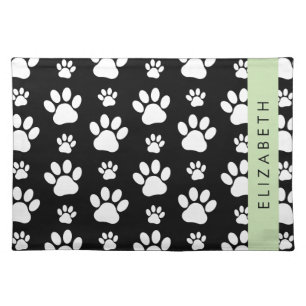 Paw Pattern, Dog Paws, Black and White, Your Name Cloth Placemat