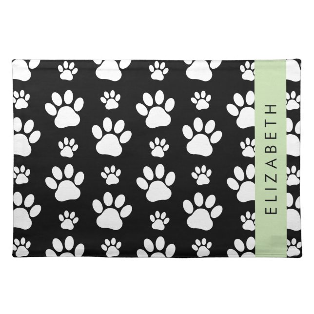 Paw Pattern, Dog Paws, Black and White, Your Name Cloth Placemat (Front)