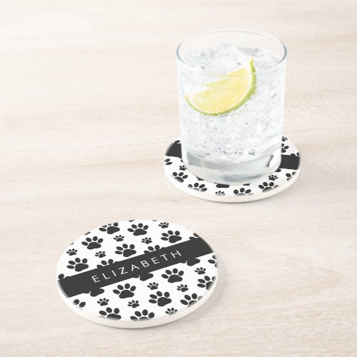 Paw Pattern Dog Paws Black and White Your Name Coaster