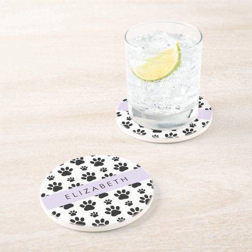 Paw Pattern Dog Paws Black and White Your Name Coaster