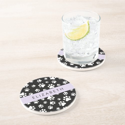 Paw Pattern Dog Paws Black and White Your Name Coaster