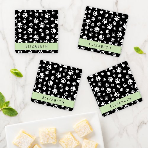 Paw Pattern Dog Paws Black and White Your Name Coaster Set