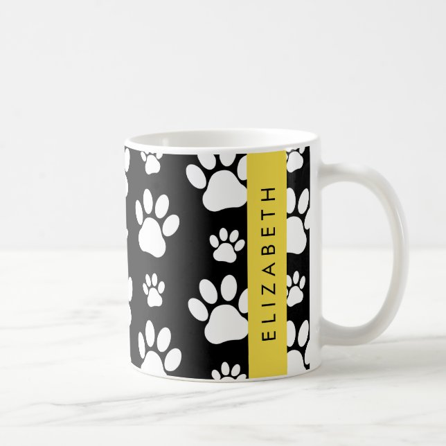 Paw Pattern, Dog Paws, Black and White, Your Name Coffee Mug (Right)