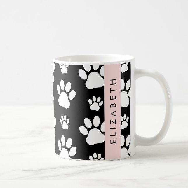 Paw Pattern, Dog Paws, Black and White, Your Name Coffee Mug (Right)