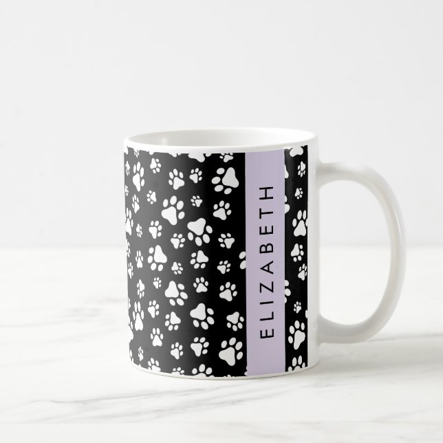 Paw Pattern, Dog Paws, Black and White, Your Name Coffee Mug (Right)