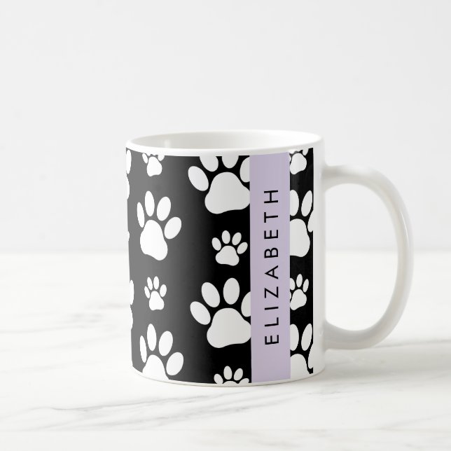 Paw Pattern, Dog Paws, Black and White, Your Name Coffee Mug (Right)