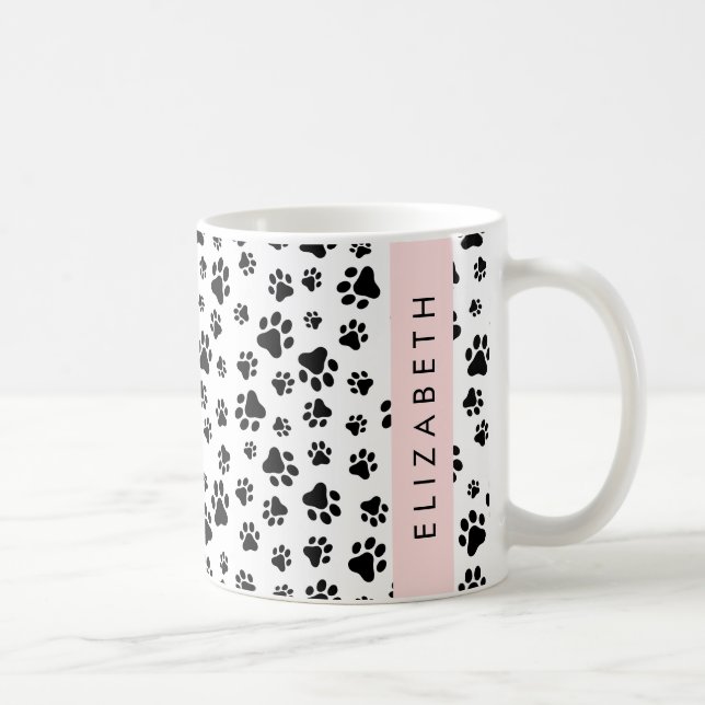 Paw Pattern, Dog Paws, Black and White, Your Name Coffee Mug (Right)