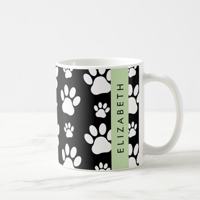 Paw Pattern, Dog Paws, Black and White, Your Name Coffee Mug (Right)