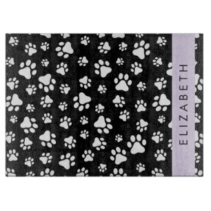 Paw Pattern, Dog Paws, Black and White, Your Name Cutting Board