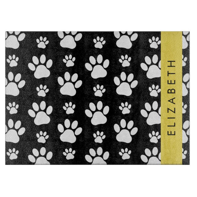Paw Pattern, Dog Paws, Black and White, Your Name Cutting Board (Front)