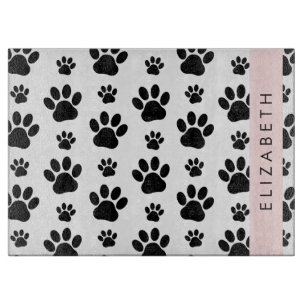 Paw Pattern, Dog Paws, Black and White, Your Name Cutting Board
