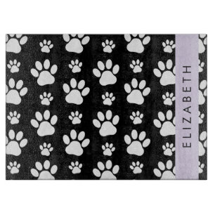 Paw Pattern, Dog Paws, Black and White, Your Name Cutting Board