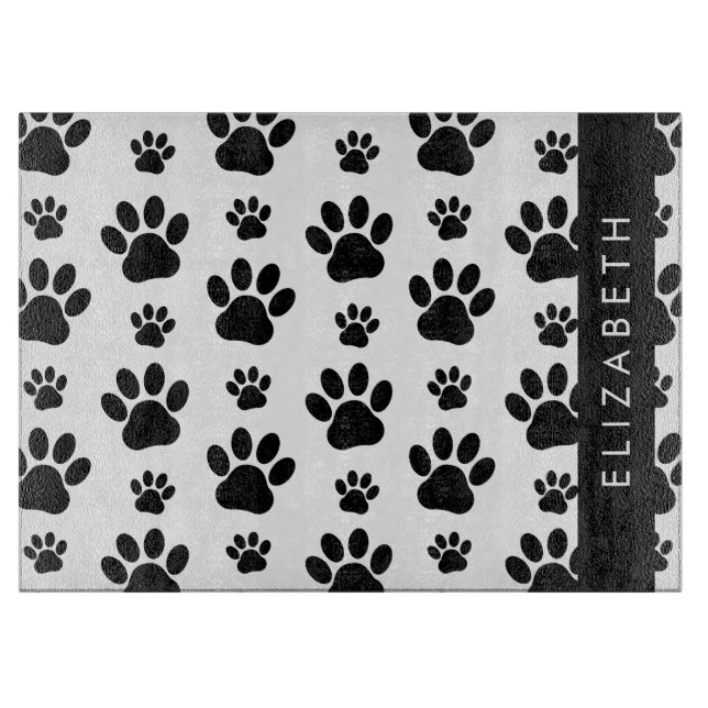 Paw Pattern, Dog Paws, Black and White, Your Name Cutting Board (Front)