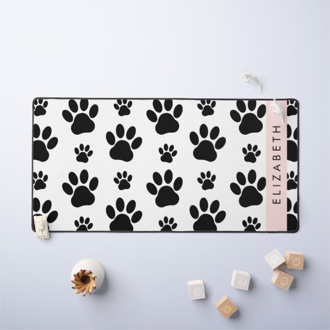 Paw Pattern, Dog Paws, Black and White, Your Name Desk Mat (Kids Table)