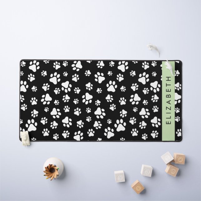 Paw Pattern, Dog Paws, Black and White, Your Name Desk Mat (Kids Table)