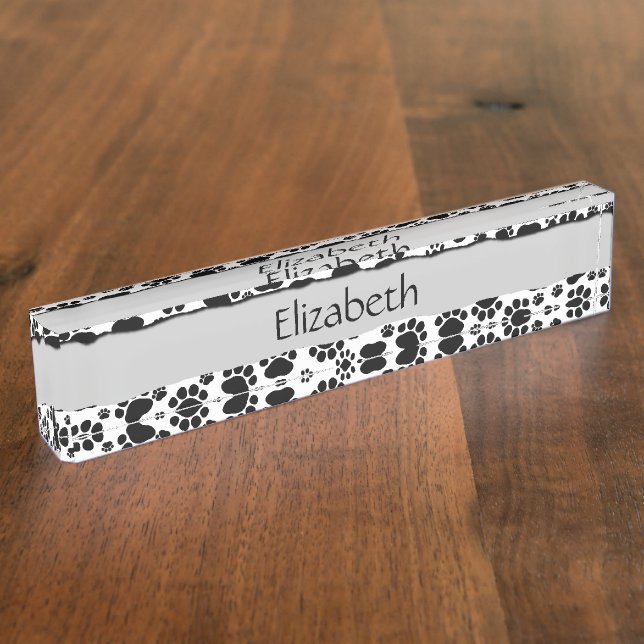 Paw Pattern, Dog Paws, Black and White, Your Name Desk Name Plate (Side)