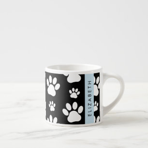 Paw Pattern, Dog Paws, Black and White, Your Name Espresso Cup