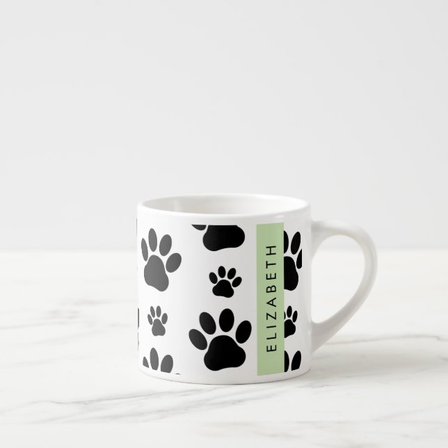 Paw Pattern, Dog Paws, Black and White, Your Name Espresso Cup (Right)