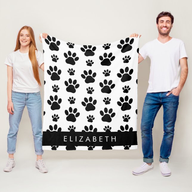 Paw Pattern, Dog Paws, Black and White, Your Name Fleece Blanket (In Situ)
