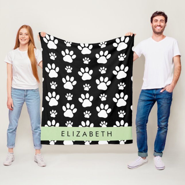 Paw Pattern, Dog Paws, Black and White, Your Name Fleece Blanket (In Situ)