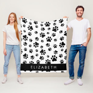 Paw Pattern, Dog Paws, Black and White, Your Name Fleece Blanket