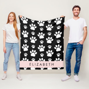 Paw Pattern, Dog Paws, Black and White, Your Name Fleece Blanket