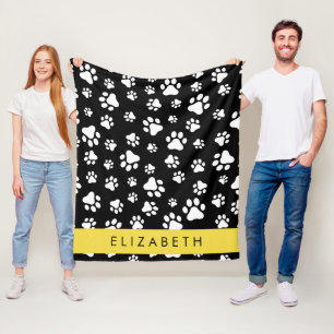 Paw Pattern, Dog Paws, Black and White, Your Name Fleece Blanket