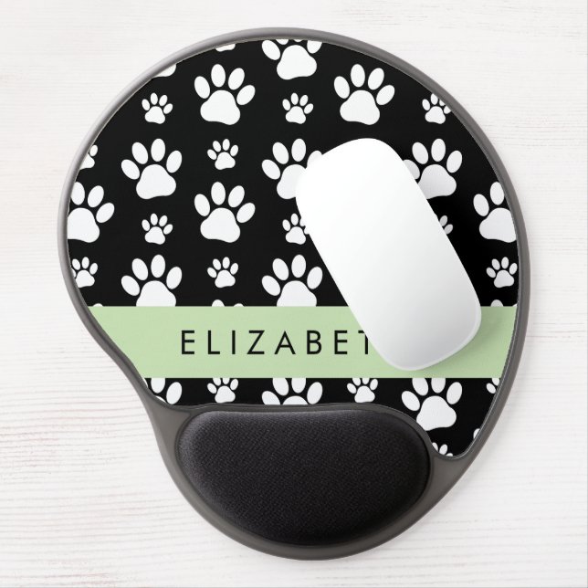 Paw Pattern, Dog Paws, Black and White, Your Name Gel Mouse Pad (Left Side)