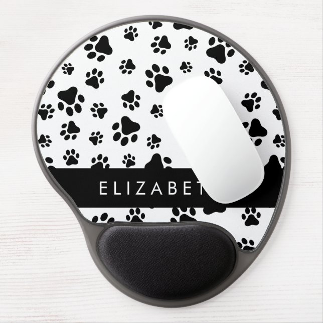 Paw Pattern, Dog Paws, Black and White, Your Name Gel Mouse Pad (Left Side)