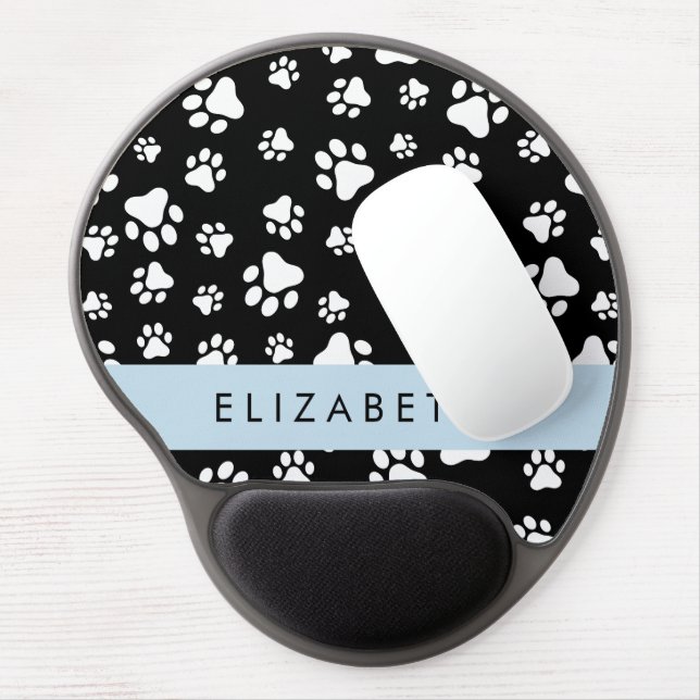Paw Pattern, Dog Paws, Black and White, Your Name Gel Mouse Pad (Left Side)