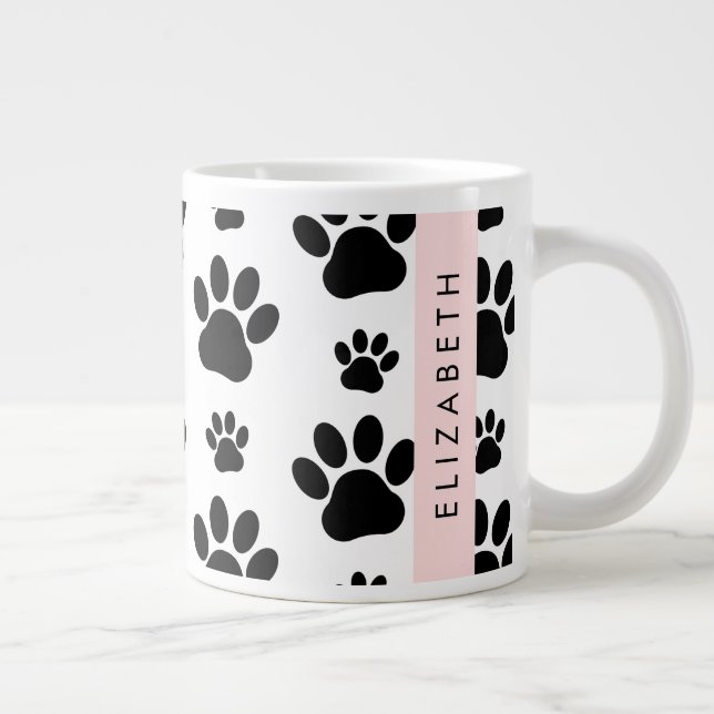 Paw Pattern, Dog Paws, Black and White, Your Name Giant Coffee Mug (Right)