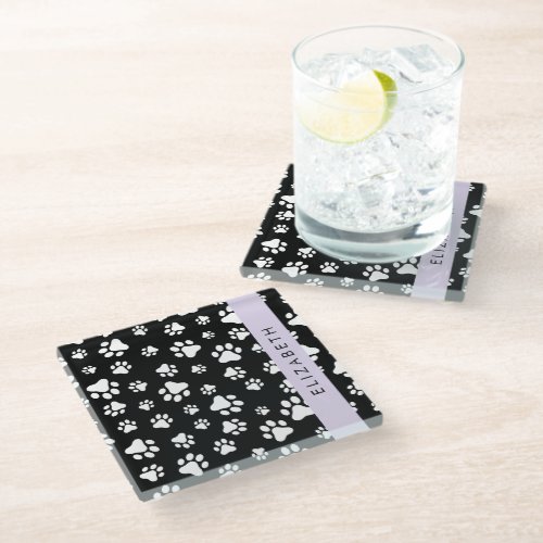 Paw Pattern Dog Paws Black and White Your Name Glass Coaster