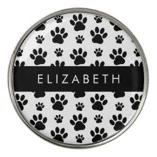 Paw Pattern, Dog Paws, Black and White, Your Name Golf Ball Marker
