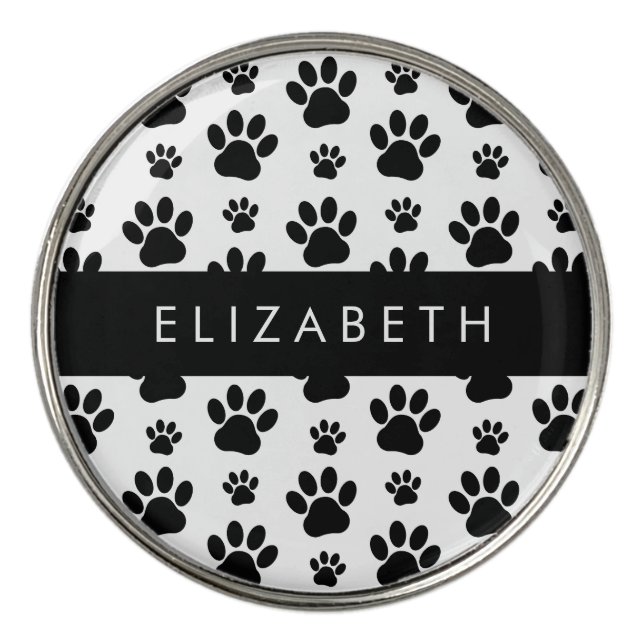 Paw Pattern, Dog Paws, Black and White, Your Name Golf Ball Marker (Front)