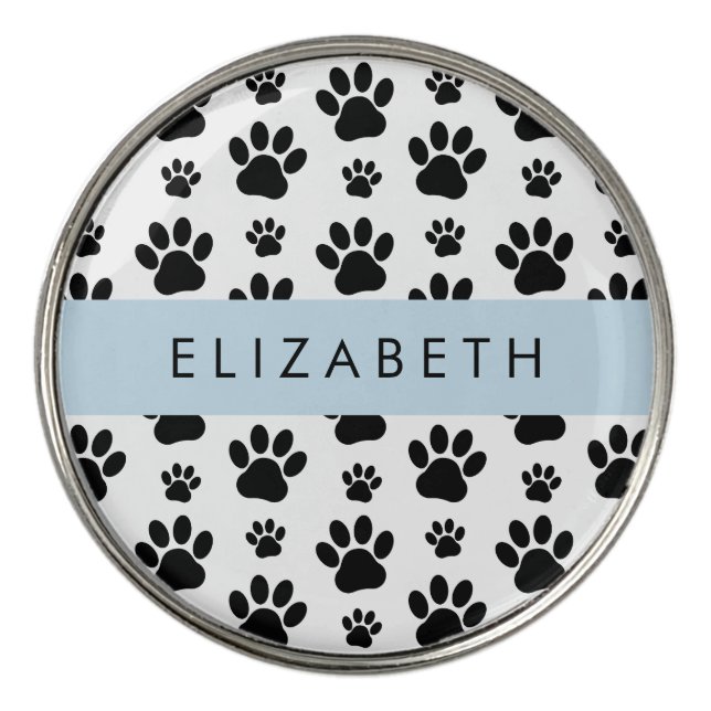 Paw Pattern, Dog Paws, Black and White, Your Name Golf Ball Marker (Front)