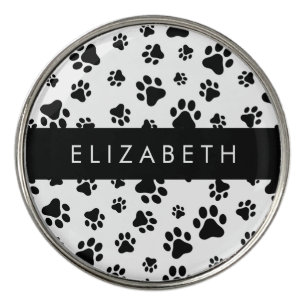Paw Pattern, Dog Paws, Black and White, Your Name Golf Ball Marker