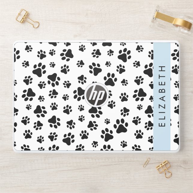 Paw Pattern, Dog Paws, Black and White, Your Name HP Laptop Skin (Desk)