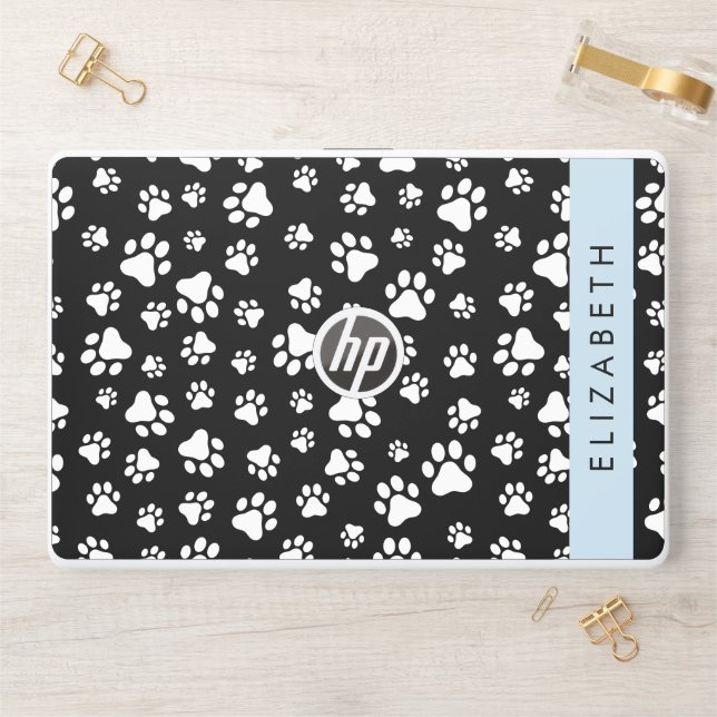 Paw Pattern, Dog Paws, Black and White, Your Name HP Laptop Skin (Desk)