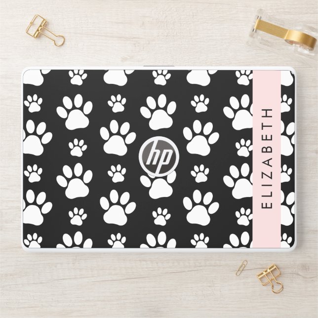 Paw Pattern, Dog Paws, Black and White, Your Name HP Laptop Skin (Desk)