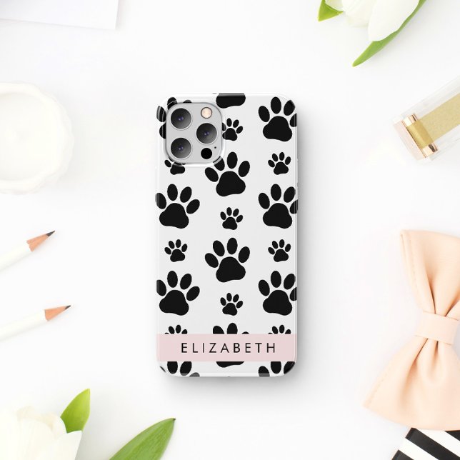 Paw Pattern, Dog Paws, Black and White, Your Name iPhone Case (Creator Uploaded)