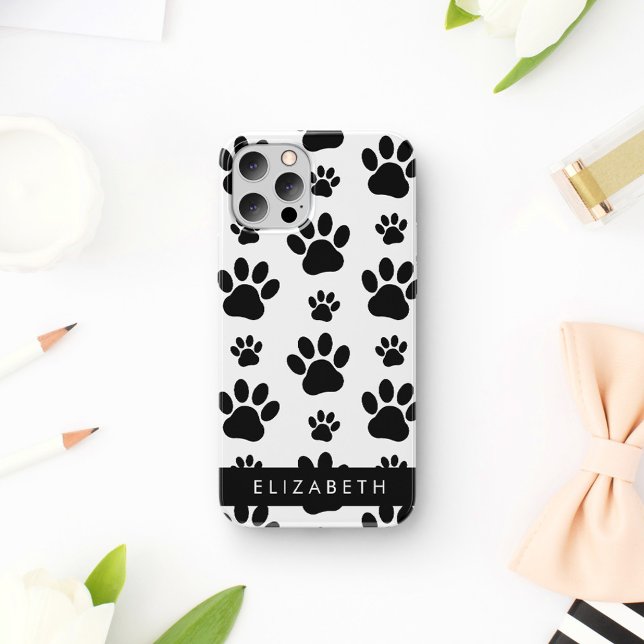Paw Pattern, Dog Paws, Black and White, Your Name iPhone Case (Creator Uploaded)