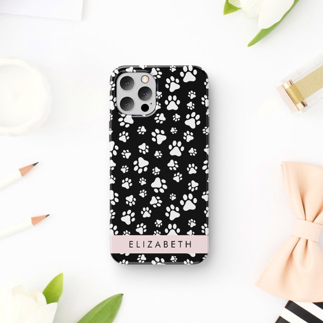 Paw Pattern, Dog Paws, Black and White, Your Name iPhone Case (Creator Uploaded)